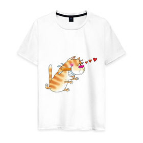 Мужская футболка хлопок с принтом Люблю свою киску. в Санкт-Петербурге, 100% хлопок | прямой крой, круглый вырез горловины, длина до линии бедер, слегка спущенное плечо. | для влюбленных | для двоих | киса | котяра | любимая | любимый | парные | сердечки | сердца