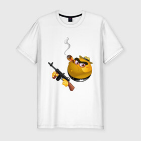 Мужская футболка премиум с принтом Smile Gangster в Санкт-Петербурге, 92% хлопок, 8% лайкра | приталенный силуэт, круглый вырез ворота, длина до линии бедра, короткий рукав | smile gangster | автомат | колобок | оружие | смайл гангстер
