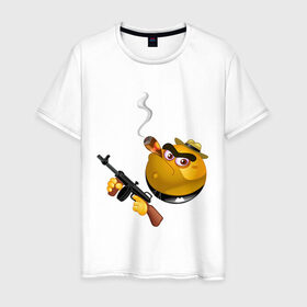 Мужская футболка хлопок с принтом Smile Gangster в Санкт-Петербурге, 100% хлопок | прямой крой, круглый вырез горловины, длина до линии бедер, слегка спущенное плечо. | smile gangster | автомат | колобок | оружие | смайл гангстер