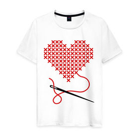 Мужская футболка хлопок с принтом Сердце вышивка с иголкой в Санкт-Петербурге, 100% хлопок | прямой крой, круглый вырез горловины, длина до линии бедер, слегка спущенное плечо. | игла | любимая | любимый | любовь | нитка | отношения | сердечко | чувства