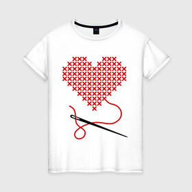 Женская футболка хлопок с принтом Сердце вышивка с иголкой в Санкт-Петербурге, 100% хлопок | прямой крой, круглый вырез горловины, длина до линии бедер, слегка спущенное плечо | игла | любимая | любимый | любовь | нитка | отношения | сердечко | чувства