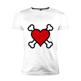 Мужская футболка премиум с принтом Сердце пиратское с костями в Санкт-Петербурге, 92% хлопок, 8% лайкра | приталенный силуэт, круглый вырез ворота, длина до линии бедра, короткий рукав | сердце | сердце  с костями | сердце пиратское | сердце пиратское с костями