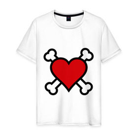 Мужская футболка хлопок с принтом Сердце пиратское с костями в Санкт-Петербурге, 100% хлопок | прямой крой, круглый вырез горловины, длина до линии бедер, слегка спущенное плечо. | сердце | сердце  с костями | сердце пиратское | сердце пиратское с костями
