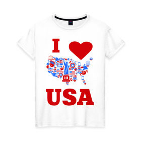 Женская футболка хлопок с принтом Я люблю Америку в Санкт-Петербурге, 100% хлопок | прямой крой, круглый вырез горловины, длина до линии бедер, слегка спущенное плечо | i love usa | я люблю америку