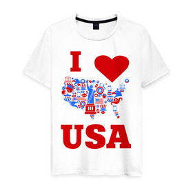 Мужская футболка хлопок с принтом Я люблю Америку в Санкт-Петербурге, 100% хлопок | прямой крой, круглый вырез горловины, длина до линии бедер, слегка спущенное плечо. | i love usa | я люблю америку