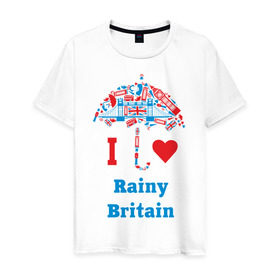 Мужская футболка хлопок с принтом я люблю Британию в Санкт-Петербурге, 100% хлопок | прямой крой, круглый вырез горловины, длина до линии бедер, слегка спущенное плечо. | i love rainy britain | rainy britain | зонт | зонтик | я люблю британию