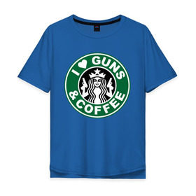Мужская футболка хлопок Oversize с принтом I Love Guns and Coffee пистолеты и кофе в Санкт-Петербурге, 100% хлопок | свободный крой, круглый ворот, “спинка” длиннее передней части | Тематика изображения на принте: я люблю кофе и пистолеты