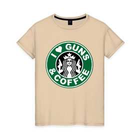 Женская футболка хлопок с принтом I Love Guns and Coffee пистолеты и кофе в Санкт-Петербурге, 100% хлопок | прямой крой, круглый вырез горловины, длина до линии бедер, слегка спущенное плечо | я люблю кофе и пистолеты