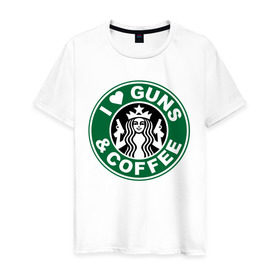 Мужская футболка хлопок с принтом I Love Guns and Coffee пистолеты и кофе в Санкт-Петербурге, 100% хлопок | прямой крой, круглый вырез горловины, длина до линии бедер, слегка спущенное плечо. | я люблю кофе и пистолеты
