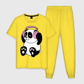 Мужская пижама хлопок с принтом Panda in headphones (панда в наушниках) в Санкт-Петербурге, 100% хлопок | брюки и футболка прямого кроя, без карманов, на брюках мягкая резинка на поясе и по низу штанин
 | Тематика изображения на принте: панда