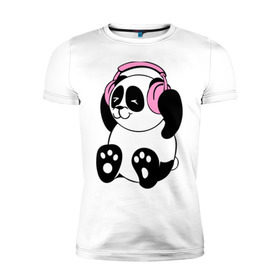 Мужская футболка премиум с принтом Panda in headphones (панда в наушниках) в Санкт-Петербурге, 92% хлопок, 8% лайкра | приталенный силуэт, круглый вырез ворота, длина до линии бедра, короткий рукав | Тематика изображения на принте: панда