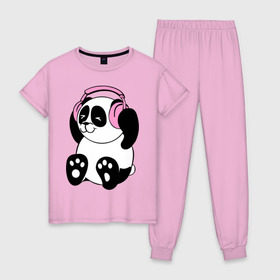 Женская пижама хлопок с принтом Panda in headphones (панда в наушниках) в Санкт-Петербурге, 100% хлопок | брюки и футболка прямого кроя, без карманов, на брюках мягкая резинка на поясе и по низу штанин | панда