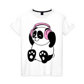 Женская футболка хлопок с принтом Panda in headphones (панда в наушниках) в Санкт-Петербурге, 100% хлопок | прямой крой, круглый вырез горловины, длина до линии бедер, слегка спущенное плечо | Тематика изображения на принте: панда