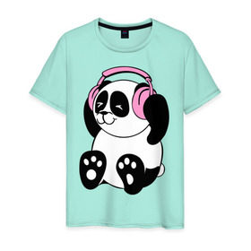 Мужская футболка хлопок с принтом Panda in headphones (панда в наушниках) в Санкт-Петербурге, 100% хлопок | прямой крой, круглый вырез горловины, длина до линии бедер, слегка спущенное плечо. | панда