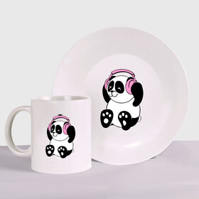 Набор: тарелка + кружка с принтом Panda in headphones (панда в наушниках) в Санкт-Петербурге, керамика | Кружка: объем — 330 мл, диаметр — 80 мм. Принт наносится на бока кружки, можно сделать два разных изображения. 
Тарелка: диаметр - 210 мм, диаметр для нанесения принта - 120 мм. | панда