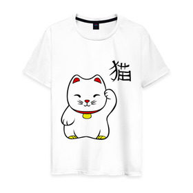 Мужская футболка хлопок с принтом Манэки-нэко (Maneki-Neko) в Санкт-Петербурге, 100% хлопок | прямой крой, круглый вырез горловины, длина до линии бедер, слегка спущенное плечо. | кошки | няш | символ счастья | японские кошки