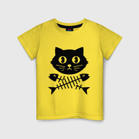 Детская футболка хлопок с принтом Пиратский знак кот и кости в Санкт-Петербурге, 100% хлопок | круглый вырез горловины, полуприлегающий силуэт, длина до линии бедер | киса | косточки от рыбы | кот | котенок | кошка | рыбка | черный кот