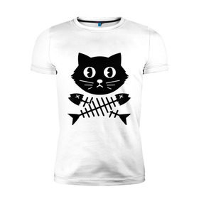 Мужская футболка премиум с принтом Пиратский знак кот и кости в Санкт-Петербурге, 92% хлопок, 8% лайкра | приталенный силуэт, круглый вырез ворота, длина до линии бедра, короткий рукав | Тематика изображения на принте: киса | косточки от рыбы | кот | котенок | кошка | рыбка | черный кот