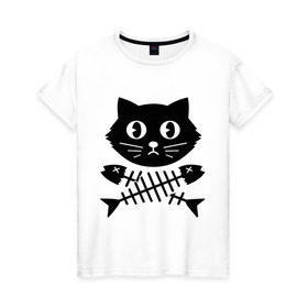 Женская футболка хлопок с принтом Пиратский знак кот и кости в Санкт-Петербурге, 100% хлопок | прямой крой, круглый вырез горловины, длина до линии бедер, слегка спущенное плечо | Тематика изображения на принте: киса | косточки от рыбы | кот | котенок | кошка | рыбка | черный кот