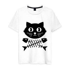 Мужская футболка хлопок с принтом Пиратский знак кот и кости в Санкт-Петербурге, 100% хлопок | прямой крой, круглый вырез горловины, длина до линии бедер, слегка спущенное плечо. | киса | косточки от рыбы | кот | котенок | кошка | рыбка | черный кот