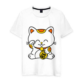 Мужская футболка хлопок с принтом Maneki-Neko Манэки – кошка удачи в Санкт-Петербурге, 100% хлопок | прямой крой, круглый вырез горловины, длина до линии бедер, слегка спущенное плечо. | киса | котенок | кошка удачи | японские кошки