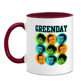 Кружка двухцветная с принтом Green Day all в Санкт-Петербурге, керамика | объем — 330 мл, диаметр — 80 мм. Цветная ручка и кайма сверху, в некоторых цветах — вся внутренняя часть | green day | rock | грин дэй | лица | музыка | рок группа | солист | участники