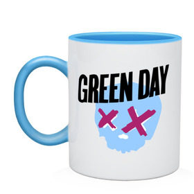 Кружка двухцветная с принтом Green day skull в Санкт-Петербурге, керамика | объем — 330 мл, диаметр — 80 мм. Цветная ручка и кайма сверху, в некоторых цветах — вся внутренняя часть | green day | rock | грин дэй | музыка | рок группа