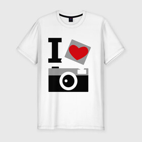 Мужская футболка премиум с принтом Я люблю фото в Санкт-Петербурге, 92% хлопок, 8% лайкра | приталенный силуэт, круглый вырез ворота, длина до линии бедра, короткий рукав | i love photo | для фотографов | фотоаппарат | фотографам | я люблю фото