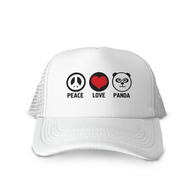 Кепка тракер с сеткой с принтом Peace, love, panda (мир любовь панда) в Санкт-Петербурге, трикотажное полотно; задняя часть — сетка | длинный козырек, универсальный размер, пластиковая застежка | love | panda | peace | любовь | мир