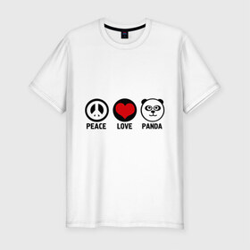 Мужская футболка премиум с принтом Peace, love, panda (мир любовь панда) в Санкт-Петербурге, 92% хлопок, 8% лайкра | приталенный силуэт, круглый вырез ворота, длина до линии бедра, короткий рукав | love | panda | peace | любовь | мир