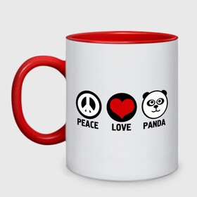 Кружка двухцветная с принтом Peace, love, panda (мир любовь панда) в Санкт-Петербурге, керамика | объем — 330 мл, диаметр — 80 мм. Цветная ручка и кайма сверху, в некоторых цветах — вся внутренняя часть | Тематика изображения на принте: love | panda | peace | любовь | мир
