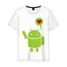 Мужская футболка хлопок с принтом Love Android в Санкт-Петербурге, 100% хлопок | прямой крой, круглый вырез горловины, длина до линии бедер, слегка спущенное плечо. | Тематика изображения на принте: 