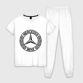 Женская пижама хлопок с принтом Mercedes-Benz в Санкт-Петербурге, 100% хлопок | брюки и футболка прямого кроя, без карманов, на брюках мягкая резинка на поясе и по низу штанин | mercedes | mercedes benz | логотип mercedes | логотип mercedes benz | логотип мерседерс бенс | мерен | мерседерс | мерседерс бенс