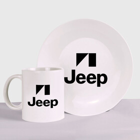 Набор: тарелка + кружка с принтом Jeep logo в Санкт-Петербурге, керамика | Кружка: объем — 330 мл, диаметр — 80 мм. Принт наносится на бока кружки, можно сделать два разных изображения. 
Тарелка: диаметр - 210 мм, диаметр для нанесения принта - 120 мм. | Тематика изображения на принте: jeep | автомобиль jeep | автомобиль джип | джип | логотип jeep | логотип джип