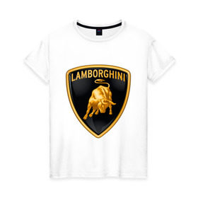 Женская футболка хлопок с принтом Lamborghini logo в Санкт-Петербурге, 100% хлопок | прямой крой, круглый вырез горловины, длина до линии бедер, слегка спущенное плечо | lamborghini | автомобиль lamborghini | ламборджини | ламборджини автомобиль | логотип lamborghini | логотип ламборджини