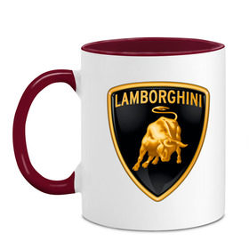 Кружка двухцветная с принтом Lamborghini logo в Санкт-Петербурге, керамика | объем — 330 мл, диаметр — 80 мм. Цветная ручка и кайма сверху, в некоторых цветах — вся внутренняя часть | lamborghini | автомобиль lamborghini | ламборджини | ламборджини автомобиль | логотип lamborghini | логотип ламборджини