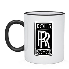 Кружка двухцветная с принтом Rolls-Royce в Санкт-Петербурге, керамика | объем — 330 мл, диаметр — 80 мм. Цветная ручка и кайма сверху, в некоторых цветах — вся внутренняя часть | rolls royce | rr | автобренды | автолюбителям | бренд | логотип | ролл ройс | ролс ройс