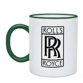 Кружка двухцветная с принтом Rolls-Royce logo в Санкт-Петербурге, керамика | объем — 330 мл, диаметр — 80 мм. Цветная ручка и кайма сверху, в некоторых цветах — вся внутренняя часть | rolls royce | rr | автобренды | автолюбителям | бренд | логотип | ролл ройс | ролс ройс