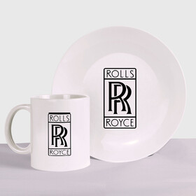 Набор: тарелка + кружка с принтом Rolls-Royce logo в Санкт-Петербурге, керамика | Кружка: объем — 330 мл, диаметр — 80 мм. Принт наносится на бока кружки, можно сделать два разных изображения. 
Тарелка: диаметр - 210 мм, диаметр для нанесения принта - 120 мм. | rolls royce | rr | автобренды | автолюбителям | бренд | логотип | ролл ройс | ролс ройс