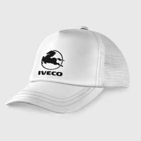 Детская кепка тракер с принтом Iveco в Санкт-Петербурге, Козырек - 100% хлопок. Кепка - 100% полиэстер, Задняя часть - сетка | универсальный размер, пластиковая застёжка | iveco | автобренды | автолюбителям | бренд | ивеко | логотип