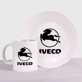 Набор: тарелка + кружка с принтом Iveco в Санкт-Петербурге, керамика | Кружка: объем — 330 мл, диаметр — 80 мм. Принт наносится на бока кружки, можно сделать два разных изображения. 
Тарелка: диаметр - 210 мм, диаметр для нанесения принта - 120 мм. | Тематика изображения на принте: iveco | автобренды | автолюбителям | бренд | ивеко | логотип