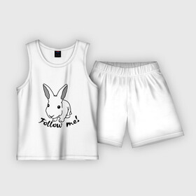 Детская пижама с шортами хлопок с принтом Следуй за белым кроликом. в Санкт-Петербурге,  |  | Тематика изображения на принте: alice in wonderland | follow me | алиса в стране чудес | животное | заяц | зверь | кролик | следуй за мной