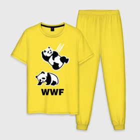 Мужская пижама хлопок с принтом Панда WWF Wrestling Challenge в Санкт-Петербурге, 100% хлопок | брюки и футболка прямого кроя, без карманов, на брюках мягкая резинка на поясе и по низу штанин
 | панда