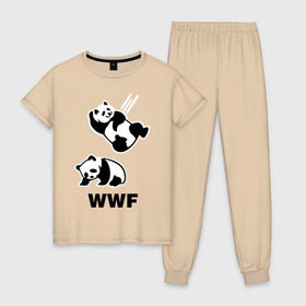 Женская пижама хлопок с принтом Панда WWF Wrestling Challenge в Санкт-Петербурге, 100% хлопок | брюки и футболка прямого кроя, без карманов, на брюках мягкая резинка на поясе и по низу штанин | панда