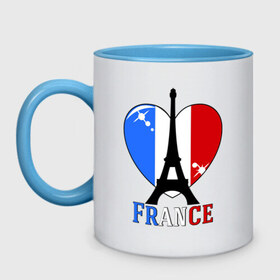 Кружка двухцветная с принтом Люблю Францию в Санкт-Петербурге, керамика | объем — 330 мл, диаметр — 80 мм. Цветная ручка и кайма сверху, в некоторых цветах — вся внутренняя часть | Тематика изображения на принте: france | i love france | париж | франция | эйвелева башня | я люблю францию