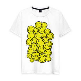 Мужская футболка хлопок с принтом Nirvana Smiles в Санкт-Петербурге, 100% хлопок | прямой крой, круглый вырез горловины, длина до линии бедер, слегка спущенное плечо. | Тематика изображения на принте: nirvana | nirvana smiles | нирвана | нирвана смайлы