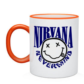 Кружка двухцветная с принтом Nevermind Nirvana в Санкт-Петербурге, керамика | объем — 330 мл, диаметр — 80 мм. Цветная ручка и кайма сверху, в некоторых цветах — вся внутренняя часть | kurt kobain | nirvana | курт кобейн | музыкальные группы | нирвана | рок группы