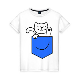 Женская футболка хлопок с принтом Котенок в кармане в Санкт-Петербурге, 100% хлопок | прямой крой, круглый вырез горловины, длина до линии бедер, слегка спущенное плечо | киса | котенок | котик | кошка
