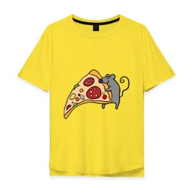 Мужская футболка хлопок Oversize с принтом Кусочек пиццы парная в Санкт-Петербурге, 100% хлопок | свободный крой, круглый ворот, “спинка” длиннее передней части | Тематика изображения на принте: pizza | влюбленным | для влюбленных | для двоих | для пар | мышонок | пара | парные | пицца