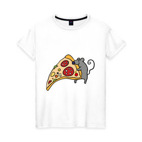 Женская футболка хлопок с принтом Кусочек пиццы парная в Санкт-Петербурге, 100% хлопок | прямой крой, круглый вырез горловины, длина до линии бедер, слегка спущенное плечо | pizza | влюбленным | для влюбленных | для двоих | для пар | мышонок | пара | парные | пицца